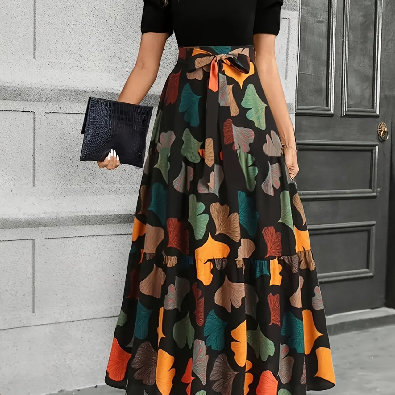Women's Elegant A-Line Geometric Print Midi Dress with Puff Sleeves & Bow Detail - Spring Summer Casual to Semi-Formal Wear.