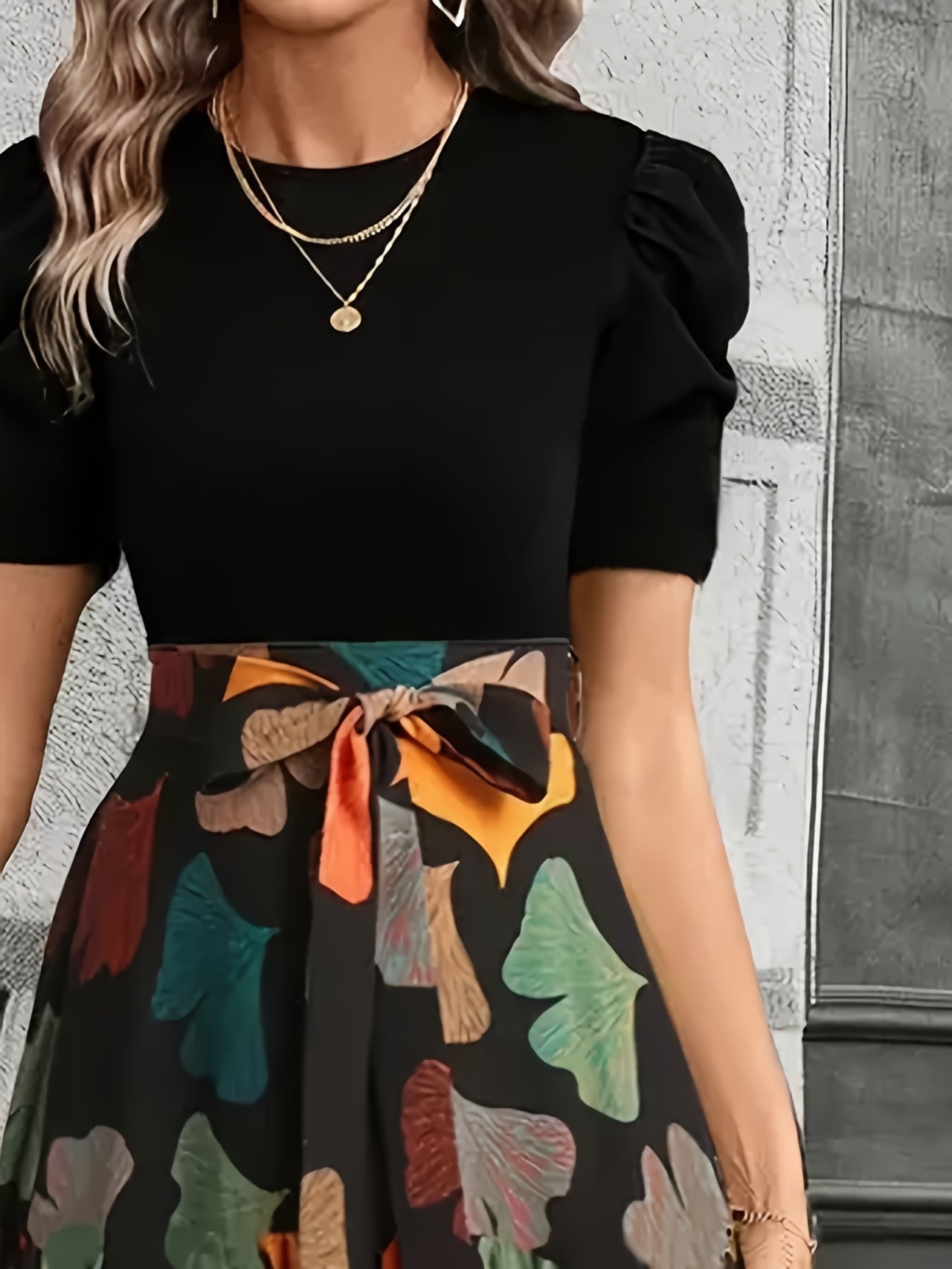 Women's Elegant A-Line Geometric Print Midi Dress with Puff Sleeves & Bow Detail - Spring Summer Casual to Semi-Formal Wear.