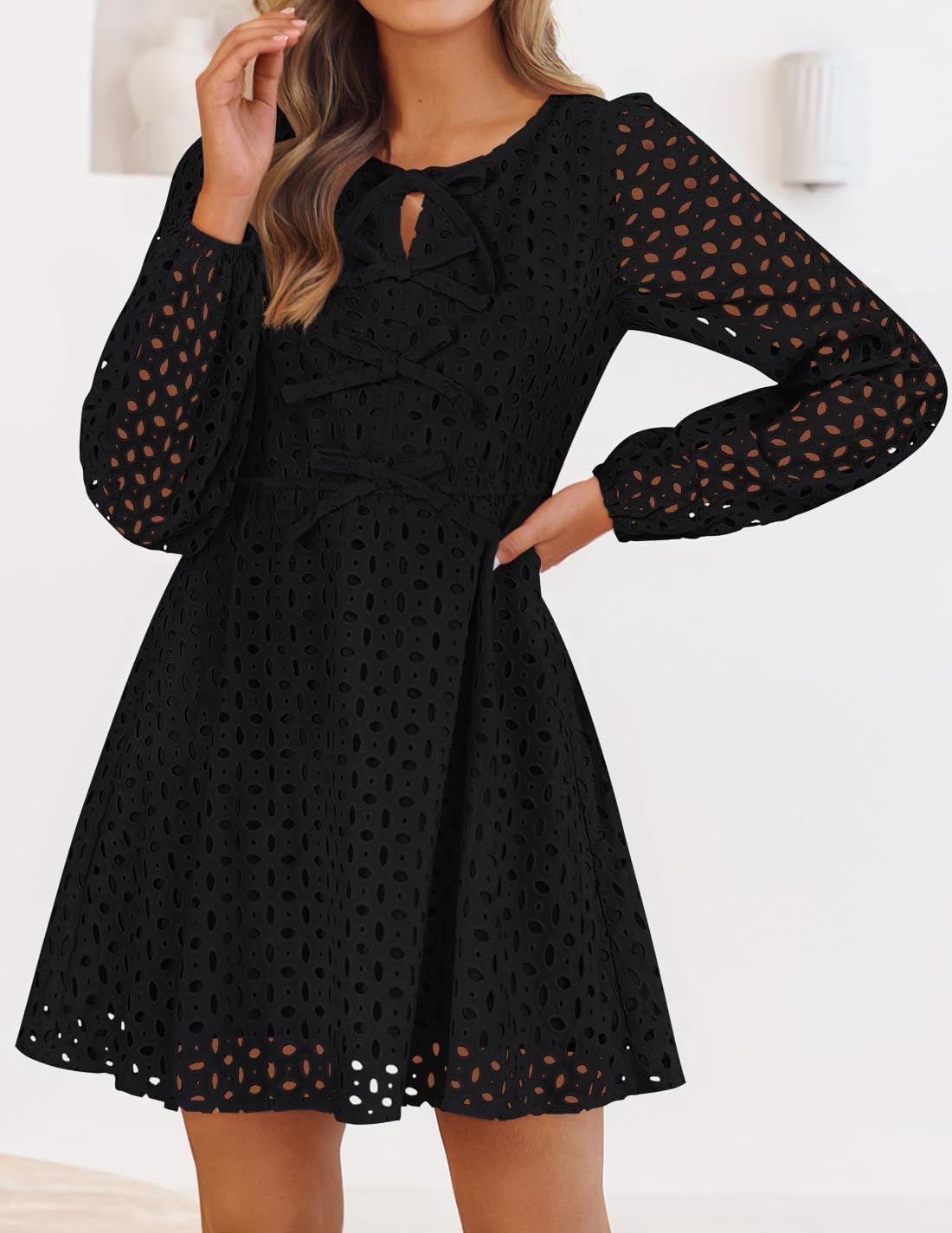 Zavina Women's Long Sleeve Mini Dress - Tie Front Hollow Out Eyelet