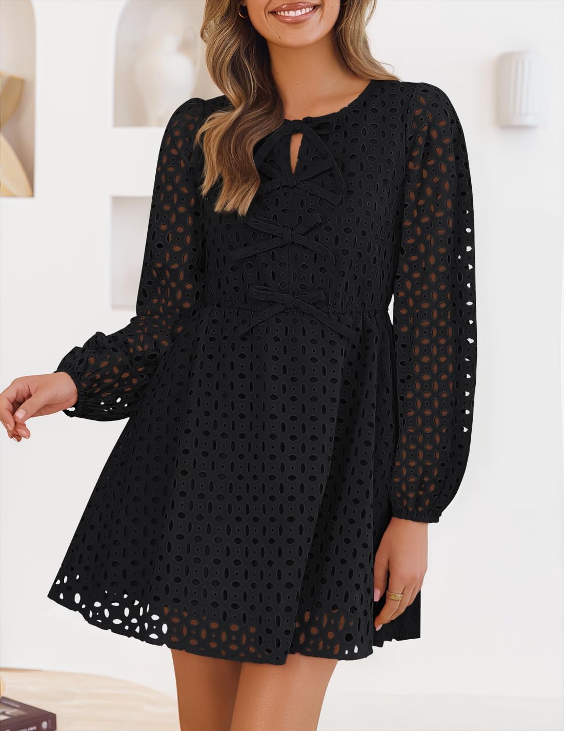 Zavina Women's Long Sleeve Mini Dress - Tie Front Hollow Out Eyelet