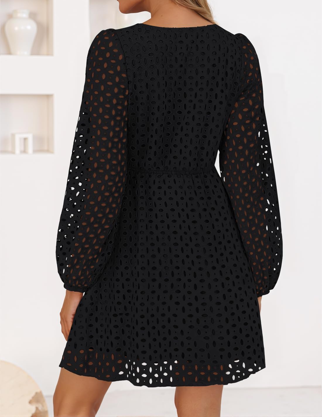 Zavina Women's Long Sleeve Mini Dress - Tie Front Hollow Out Eyelet