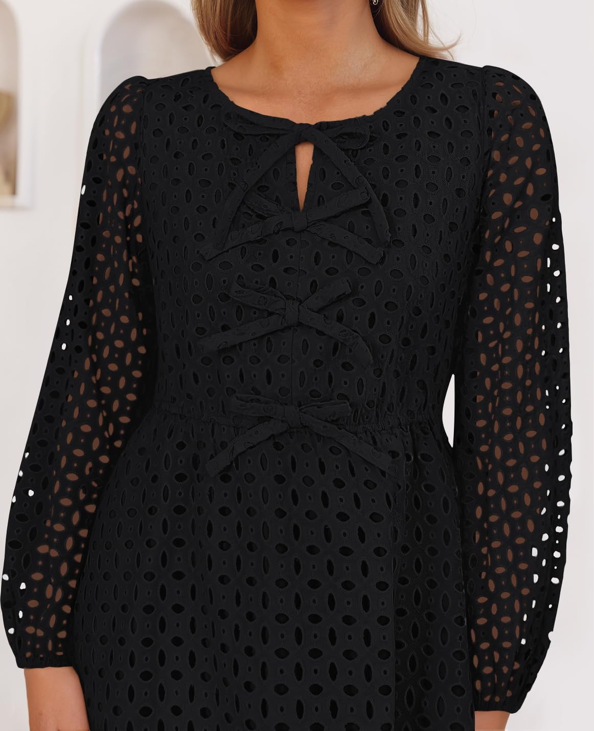 Zavina Women's Long Sleeve Mini Dress - Tie Front Hollow Out Eyelet