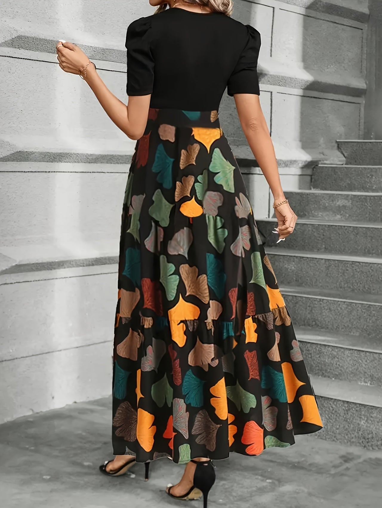 Women's Elegant A-Line Geometric Print Midi Dress with Puff Sleeves & Bow Detail - Spring Summer Casual to Semi-Formal Wear.