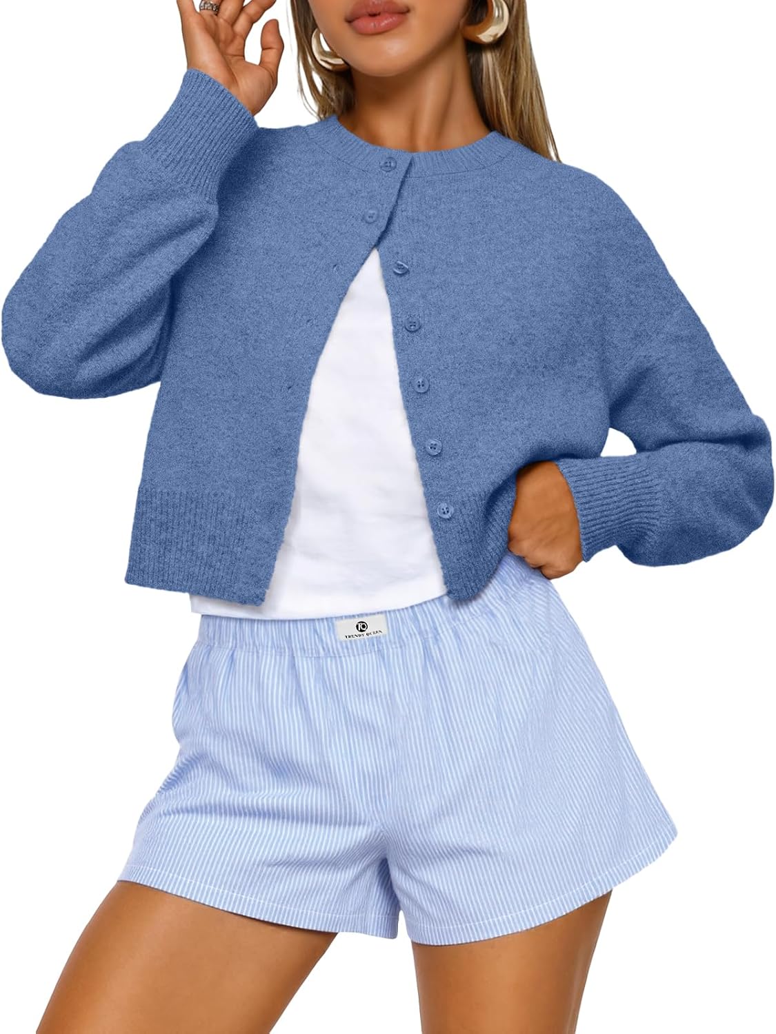 Laura Fox - Cropped Cardigan Lightweight Cotton Knit Sweater.