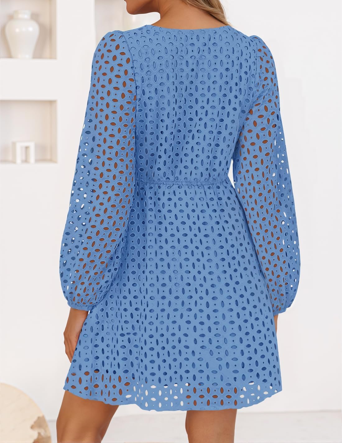 Zavina Women's Long Sleeve Mini Dress - Tie Front Hollow Out Eyelet