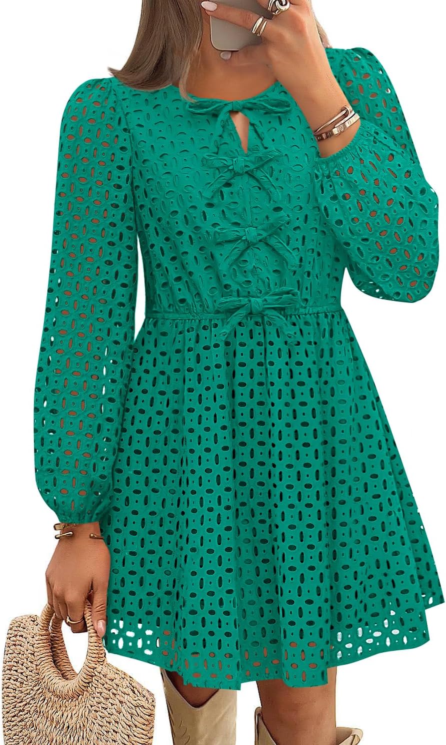Zavina Women's Long Sleeve Mini Dress - Tie Front Hollow Out Eyelet