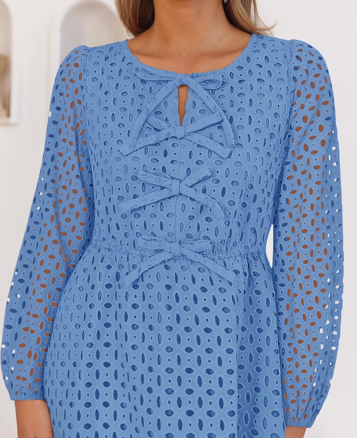Zavina Women's Long Sleeve Mini Dress - Tie Front Hollow Out Eyelet