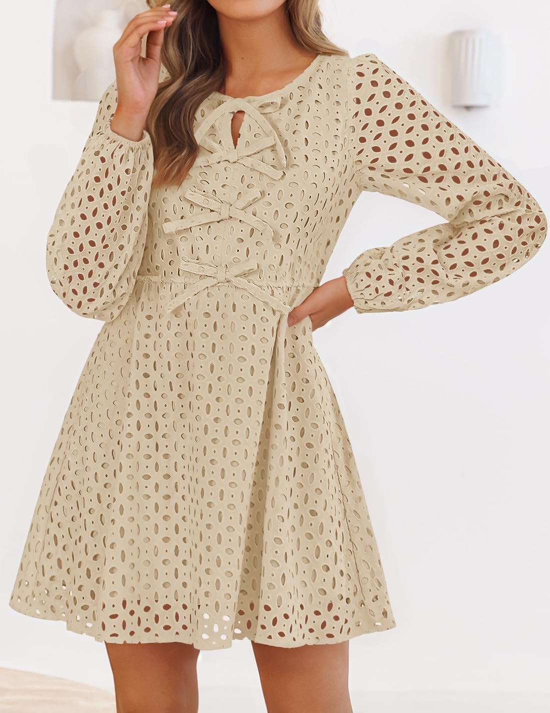 Zavina Women's Long Sleeve Mini Dress - Tie Front Hollow Out Eyelet