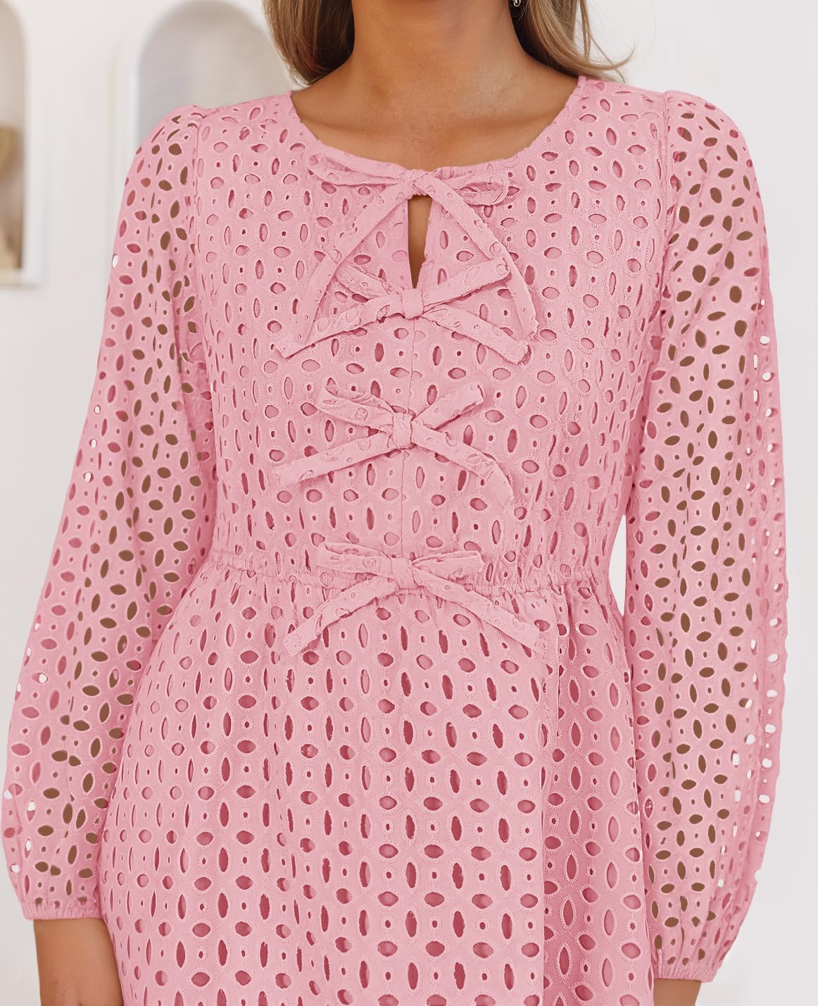 Zavina Women's Long Sleeve Mini Dress - Tie Front Hollow Out Eyelet