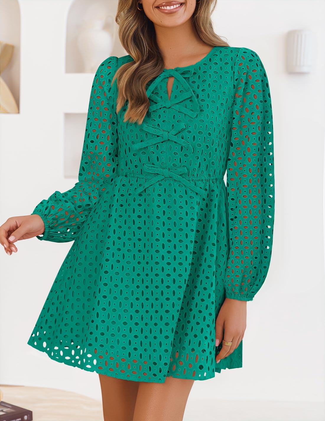 Zavina Women's Long Sleeve Mini Dress - Tie Front Hollow Out Eyelet