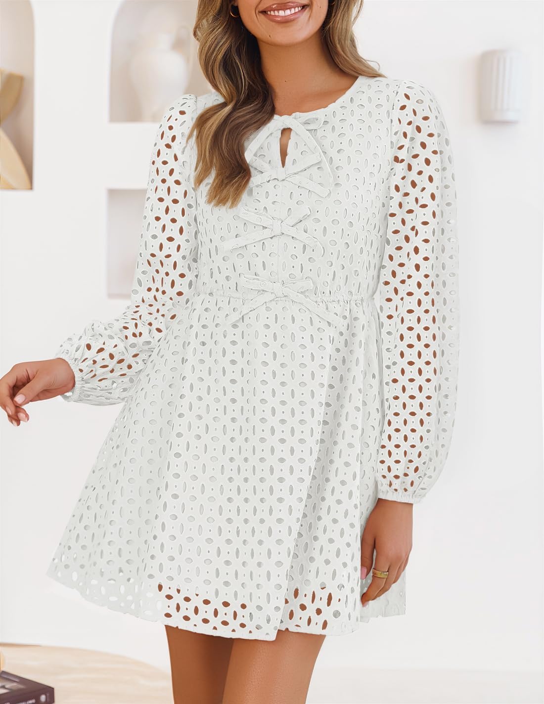 Zavina Women's Long Sleeve Mini Dress - Tie Front Hollow Out Eyelet