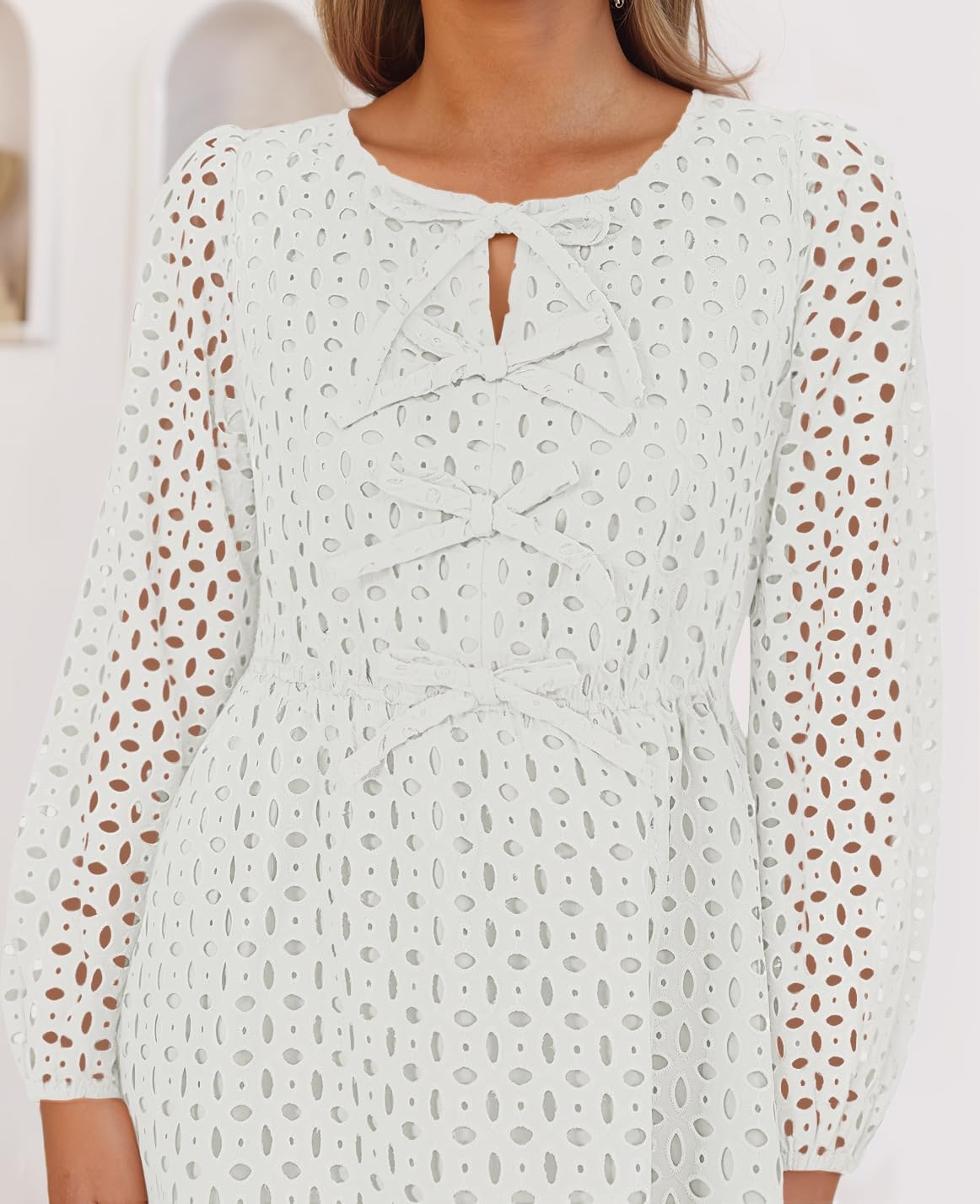 Zavina Women's Long Sleeve Mini Dress - Tie Front Hollow Out Eyelet
