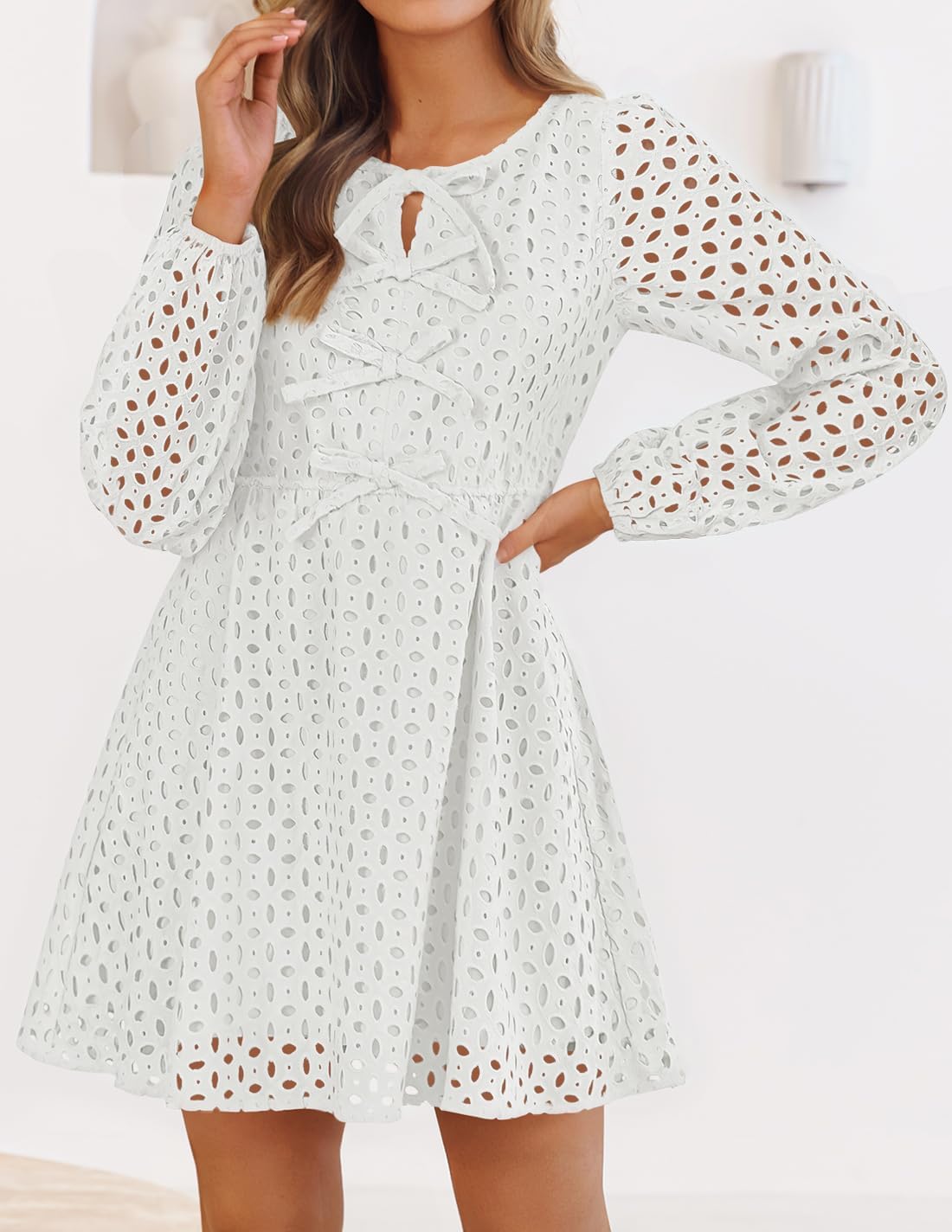 Zavina Women's Long Sleeve Mini Dress - Tie Front Hollow Out Eyelet