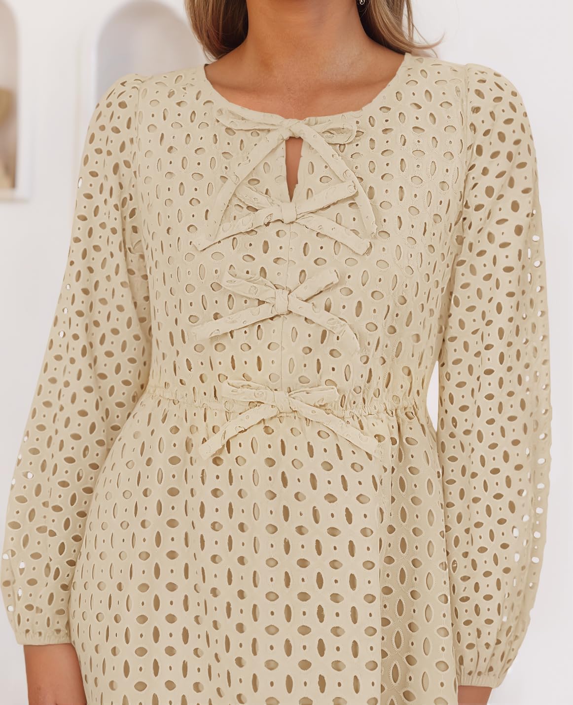 Zavina Women's Long Sleeve Mini Dress - Tie Front Hollow Out Eyelet