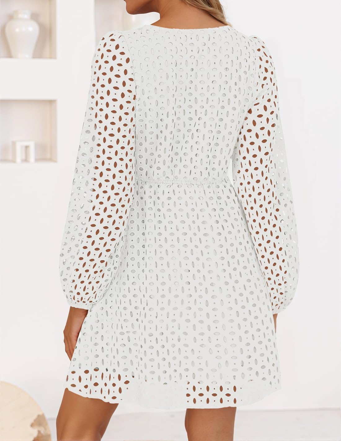 Zavina Women's Long Sleeve Mini Dress - Tie Front Hollow Out Eyelet