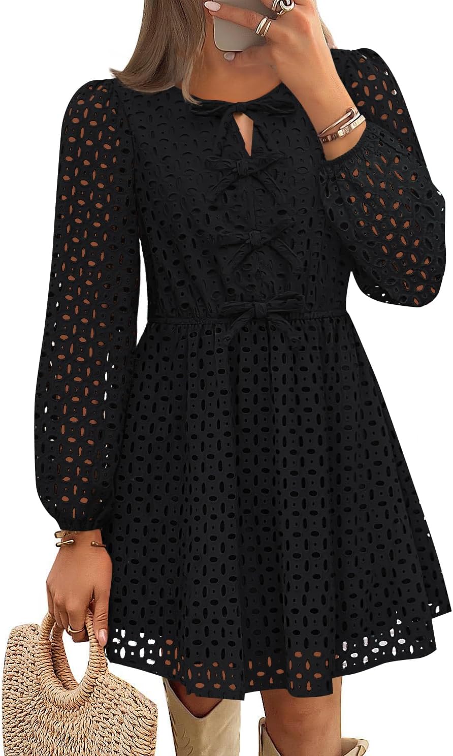 Zavina Women's Long Sleeve Mini Dress - Tie Front Hollow Out Eyelet