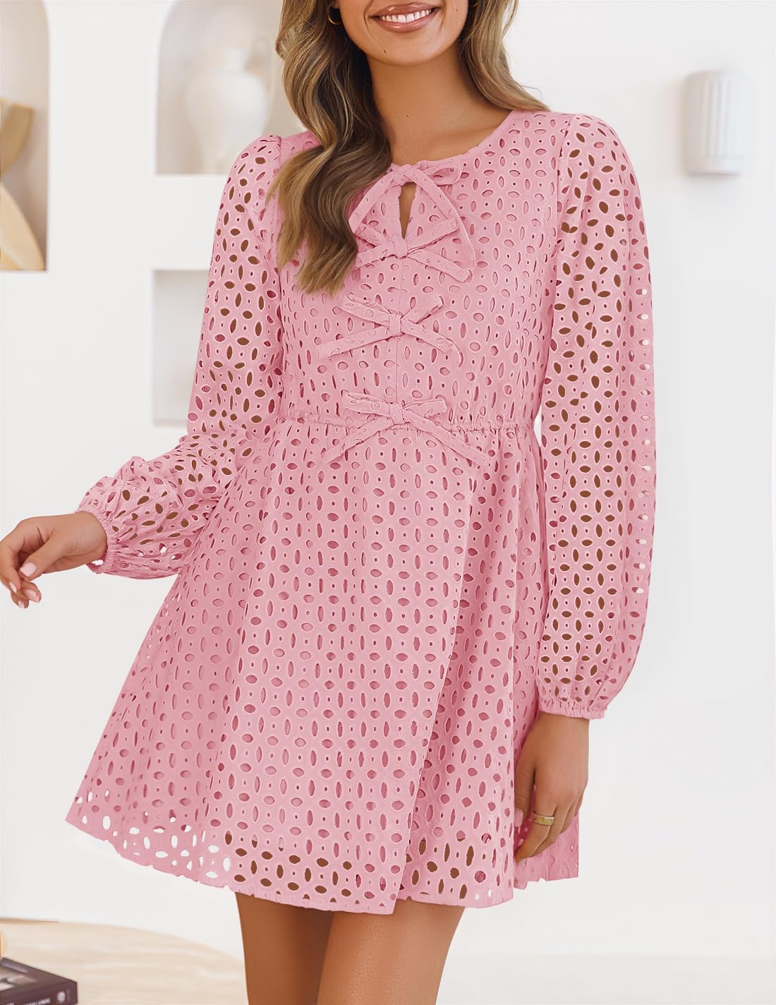Zavina Women's Long Sleeve Mini Dress - Tie Front Hollow Out Eyelet