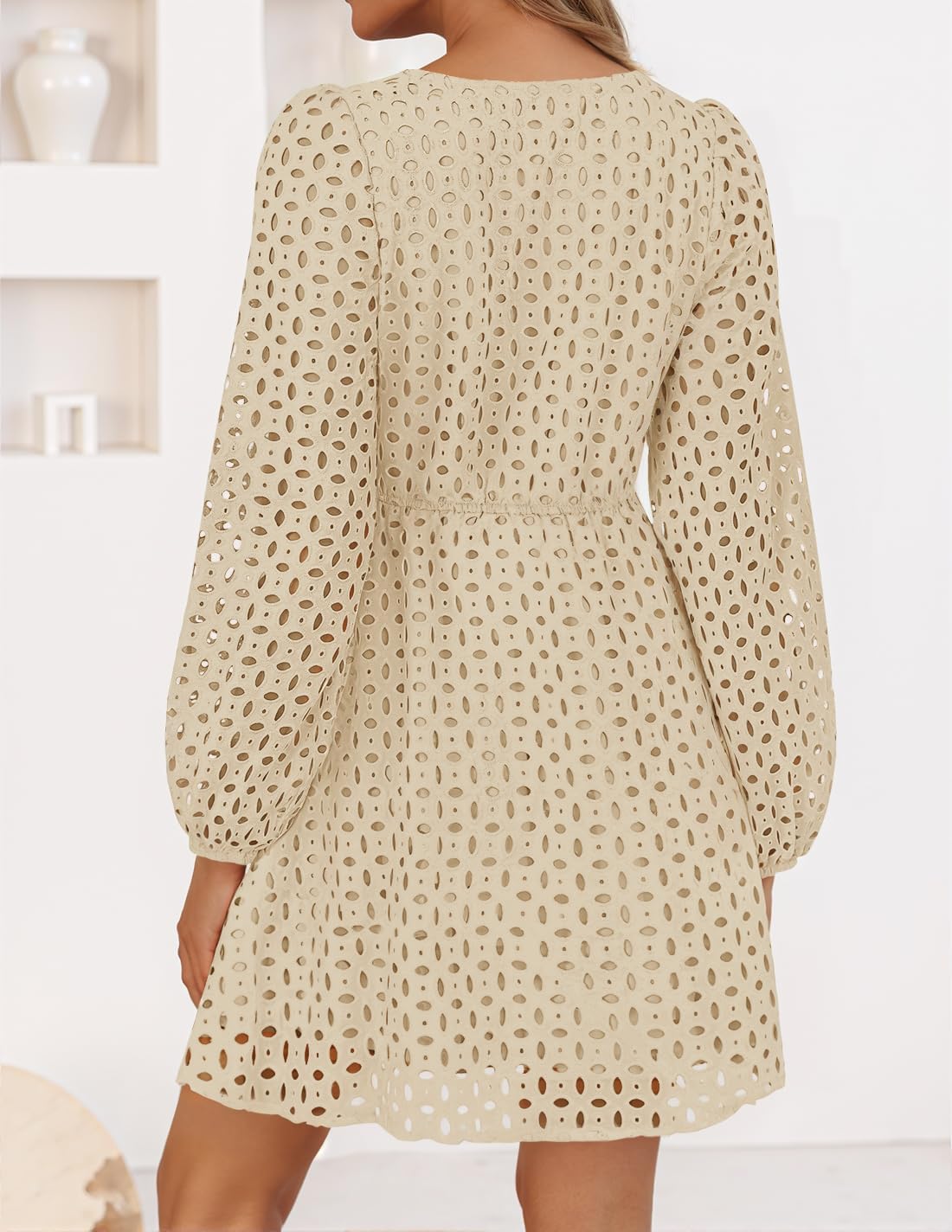Zavina Women's Long Sleeve Mini Dress - Tie Front Hollow Out Eyelet