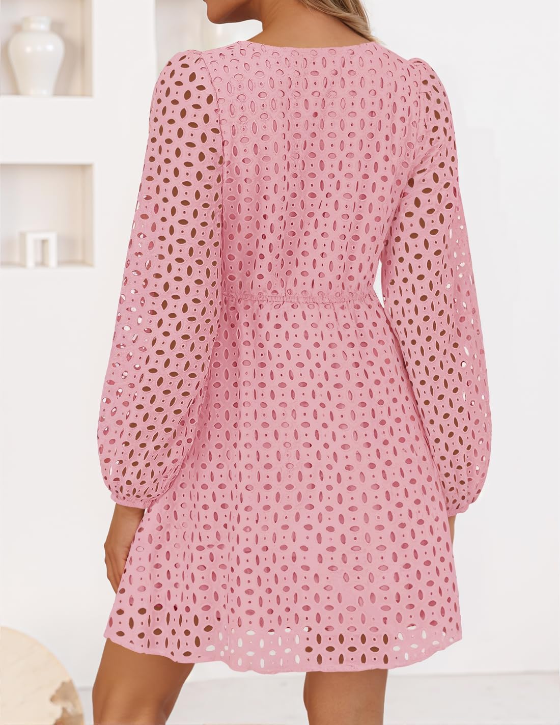 Zavina Women's Long Sleeve Mini Dress - Tie Front Hollow Out Eyelet