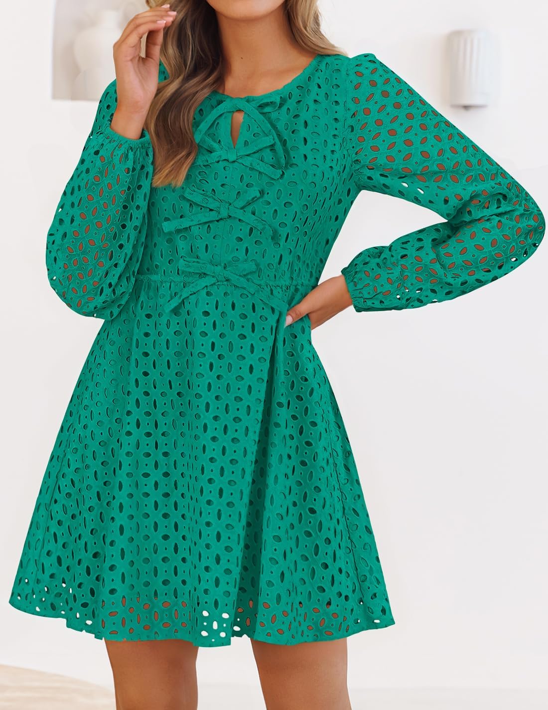 Zavina Women's Long Sleeve Mini Dress - Tie Front Hollow Out Eyelet