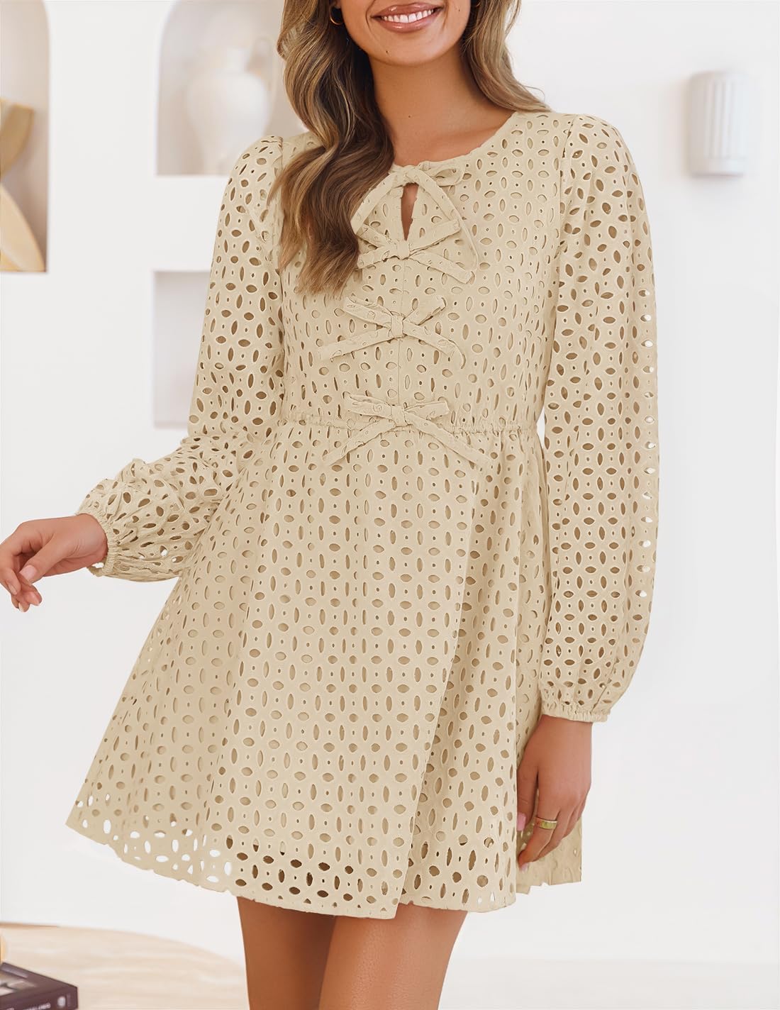 Zavina Women's Long Sleeve Mini Dress - Tie Front Hollow Out Eyelet