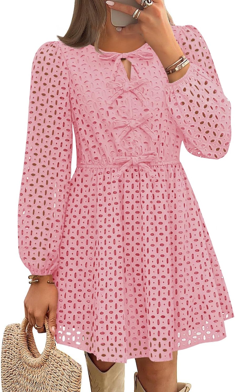 Zavina Women's Long Sleeve Mini Dress - Tie Front Hollow Out Eyelet