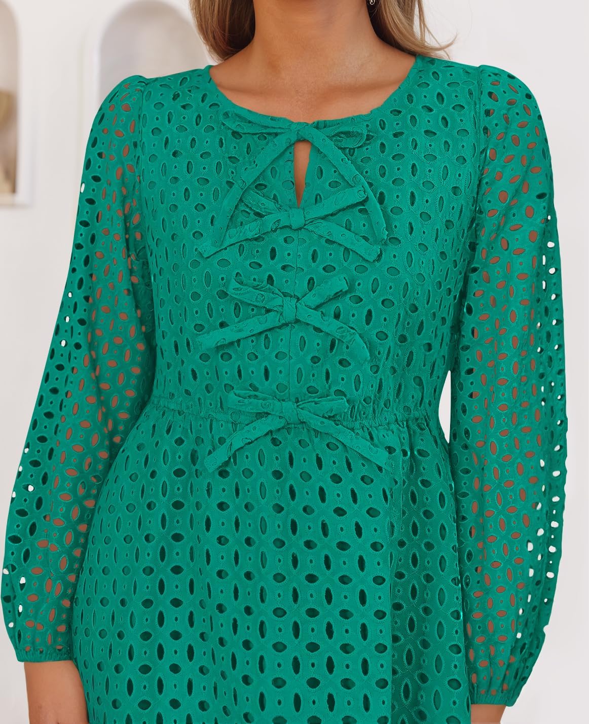 Zavina Women's Long Sleeve Mini Dress - Tie Front Hollow Out Eyelet