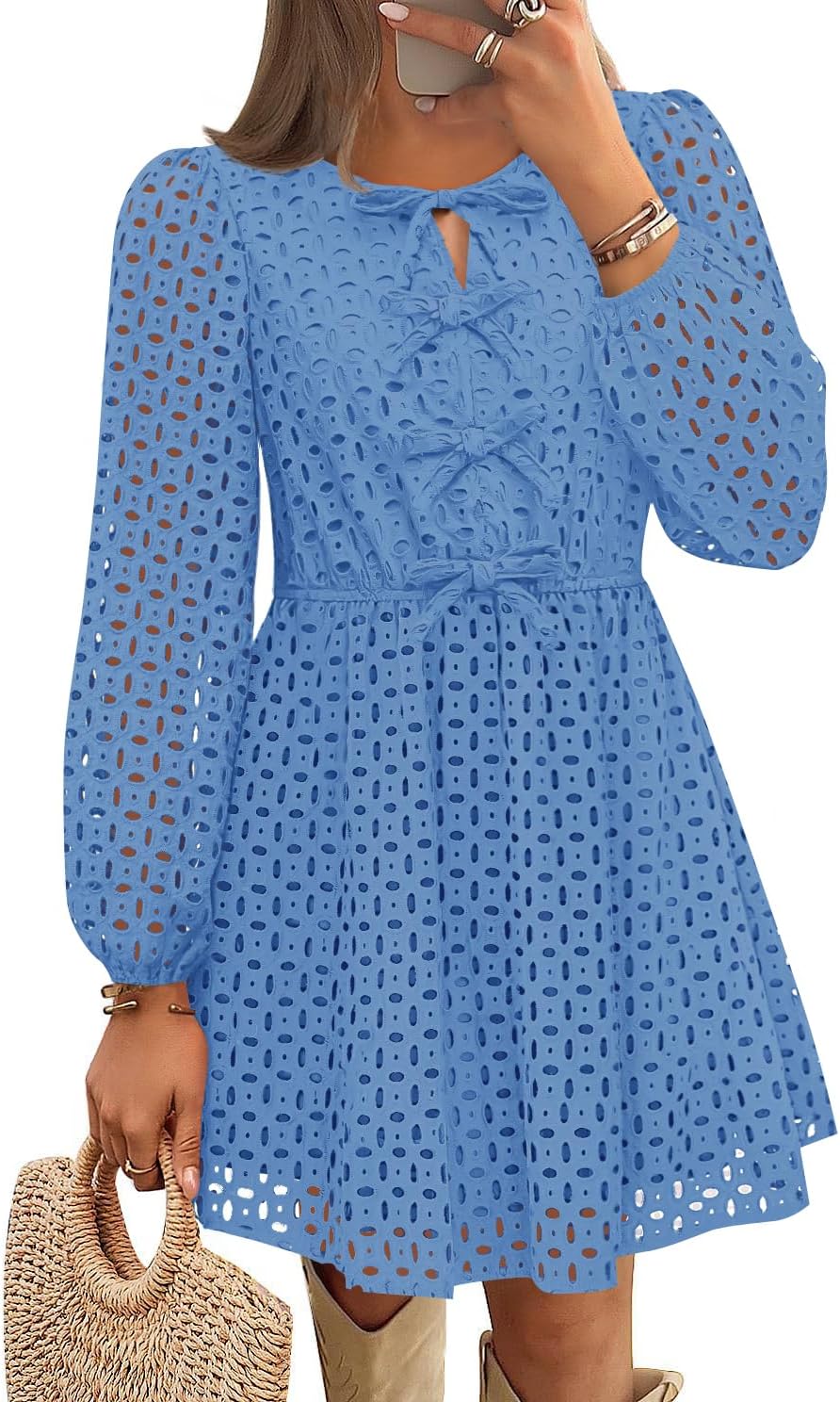 Zavina Women's Long Sleeve Mini Dress - Tie Front Hollow Out Eyelet