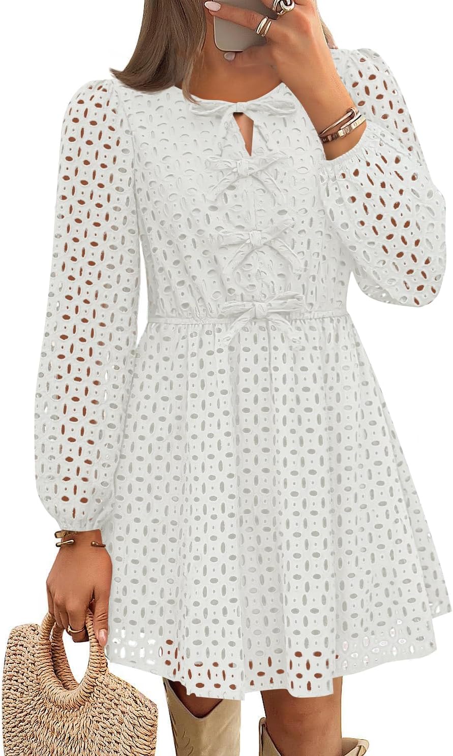 Zavina Women's Long Sleeve Mini Dress - Tie Front Hollow Out Eyelet