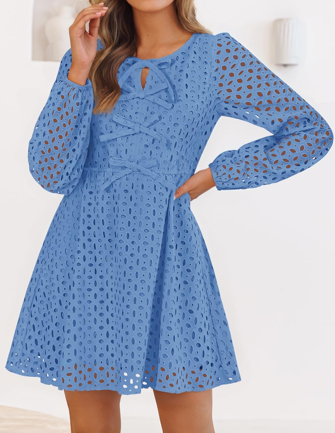 Zavina Women's Long Sleeve Mini Dress - Tie Front Hollow Out Eyelet