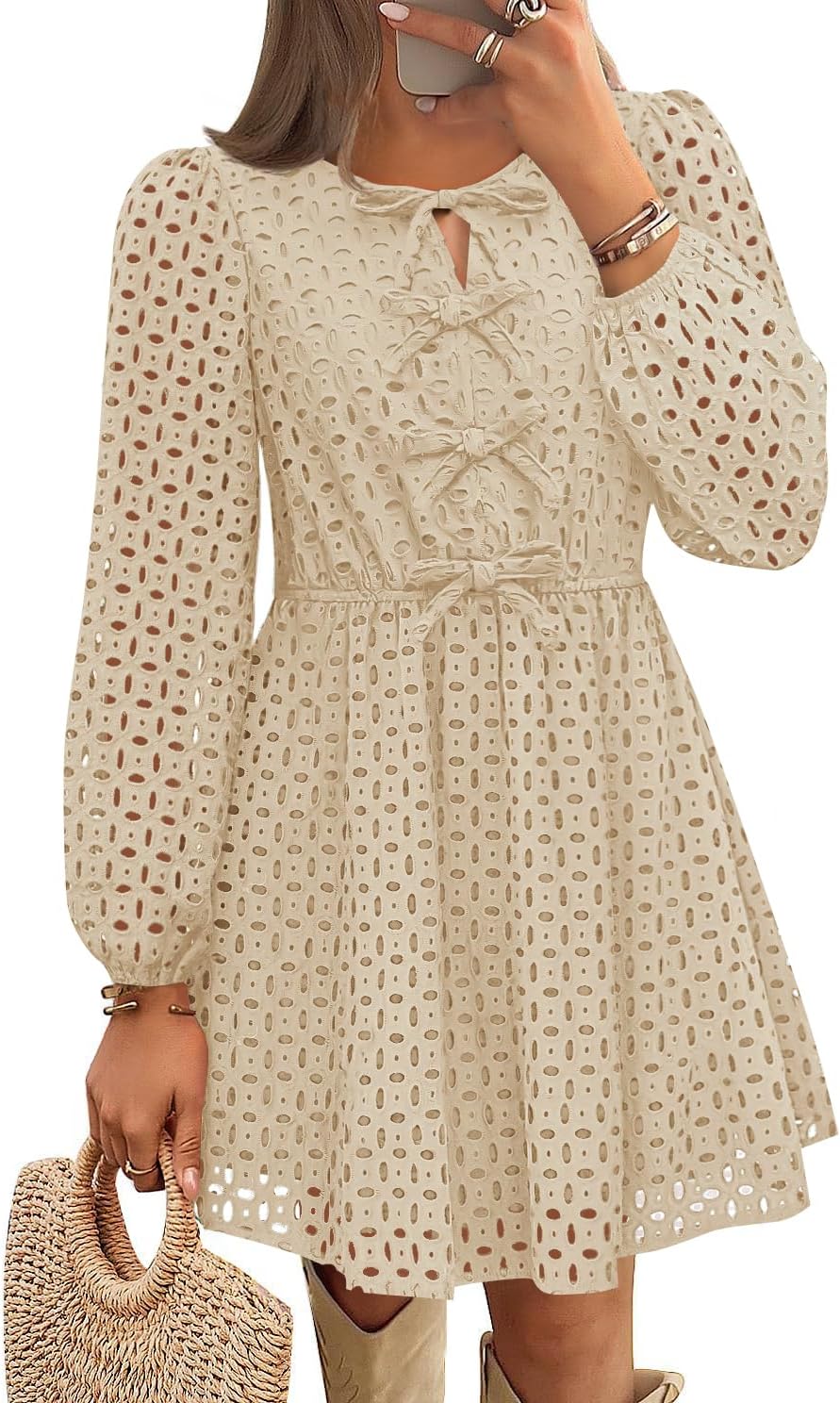Zavina Women's Long Sleeve Mini Dress - Tie Front Hollow Out Eyelet