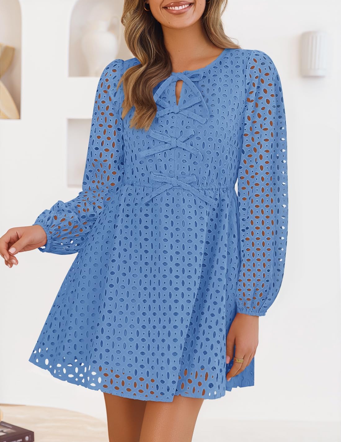 Zavina Women's Long Sleeve Mini Dress - Tie Front Hollow Out Eyelet