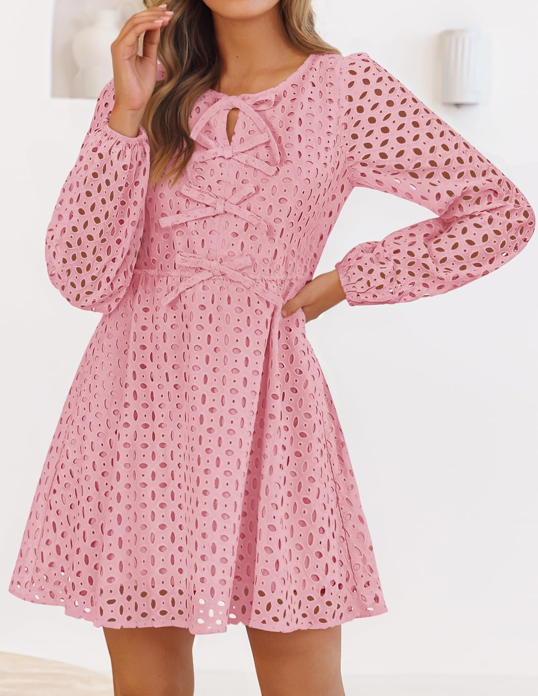 Zavina Women's Long Sleeve Mini Dress - Tie Front Hollow Out Eyelet