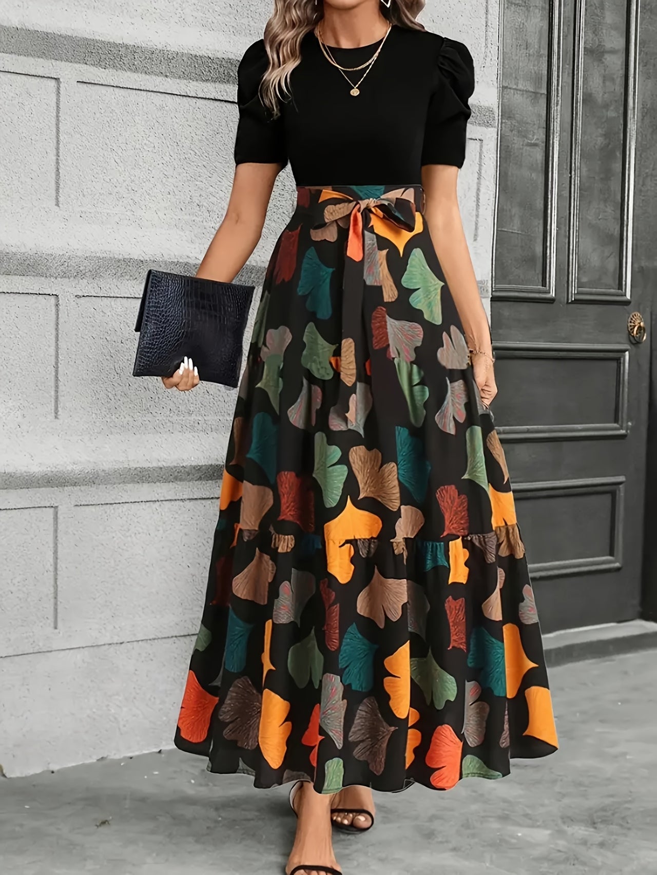 Women's Elegant A-Line Geometric Print Midi Dress with Puff Sleeves & Bow Detail - Spring Summer Casual to Semi-Formal Wear.