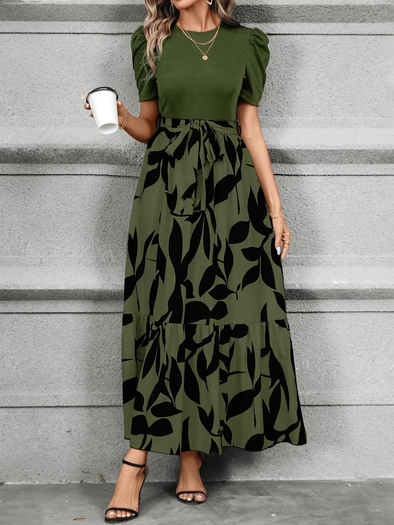 Print Midi Dress with Belt - Crew Neck, Short Sleeve, Non-Stretch Polyester - Perfect for All Seasons