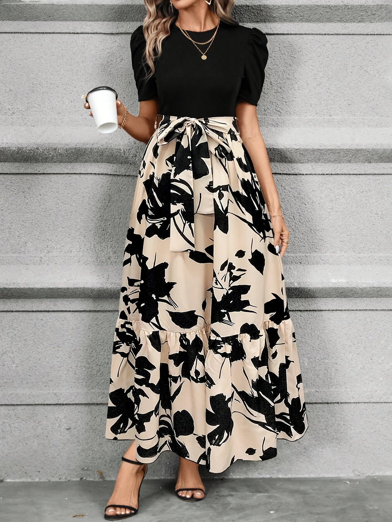 Print Midi Dress with Belt - Crew Neck, Short Sleeve, Non-Stretch Polyester - Perfect for All Seasons