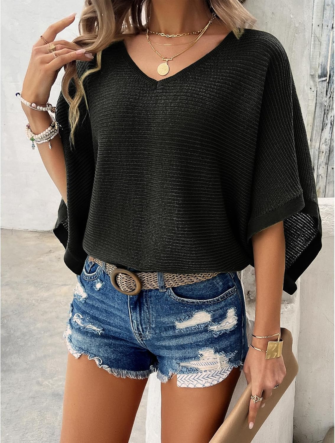Ocevia - Women's Summer Crochet Tops Batwing V-Neck Oversized Boho Sweater with Cutouts Cover Up