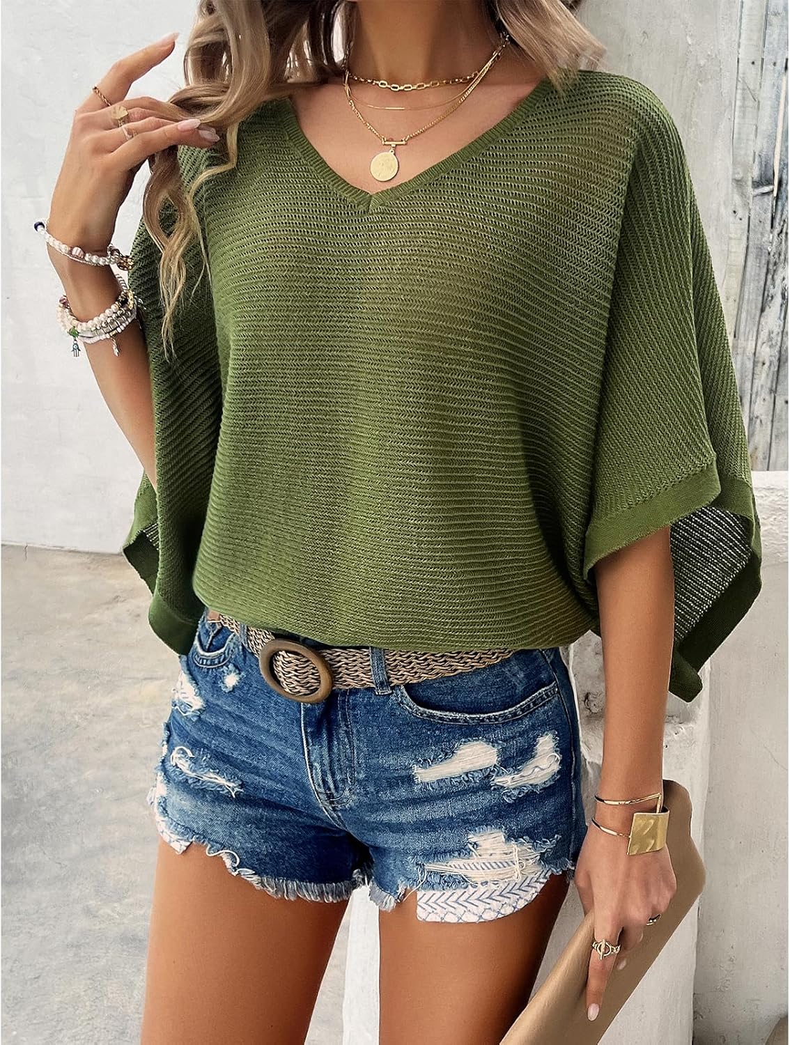 Ocevia - Women's Summer Crochet Tops Batwing V-Neck Oversized Boho Sweater with Cutouts Cover Up