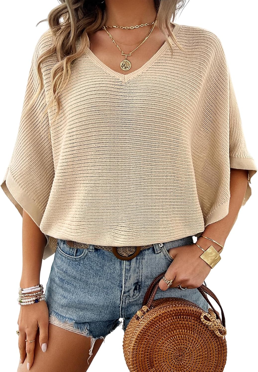 Ocevia - Women's Summer Crochet Tops Batwing V-Neck Oversized Boho Sweater with Cutouts Cover Up