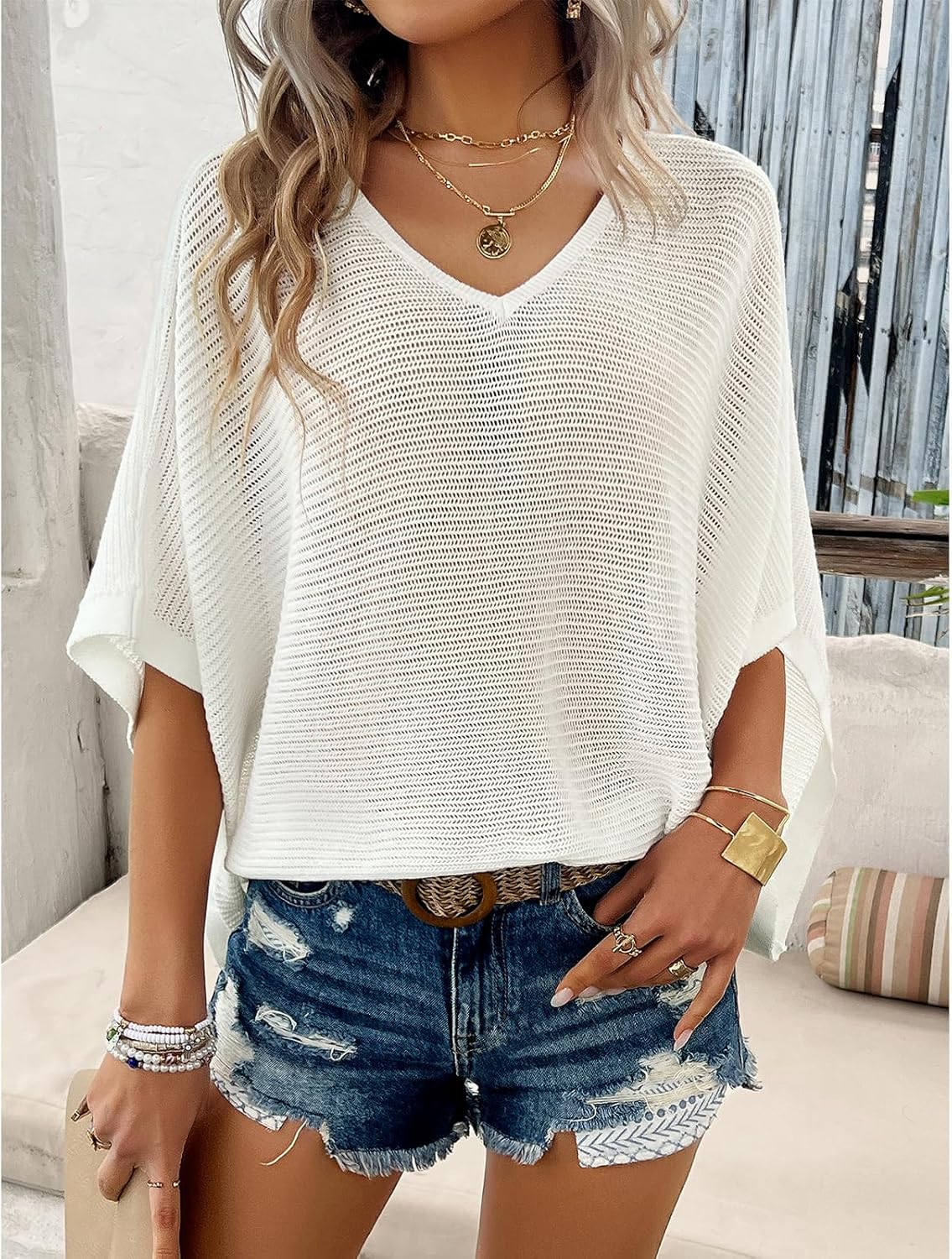 Ocevia - Women's Summer Crochet Tops Batwing V-Neck Oversized Boho Sweater with Cutouts Cover Up