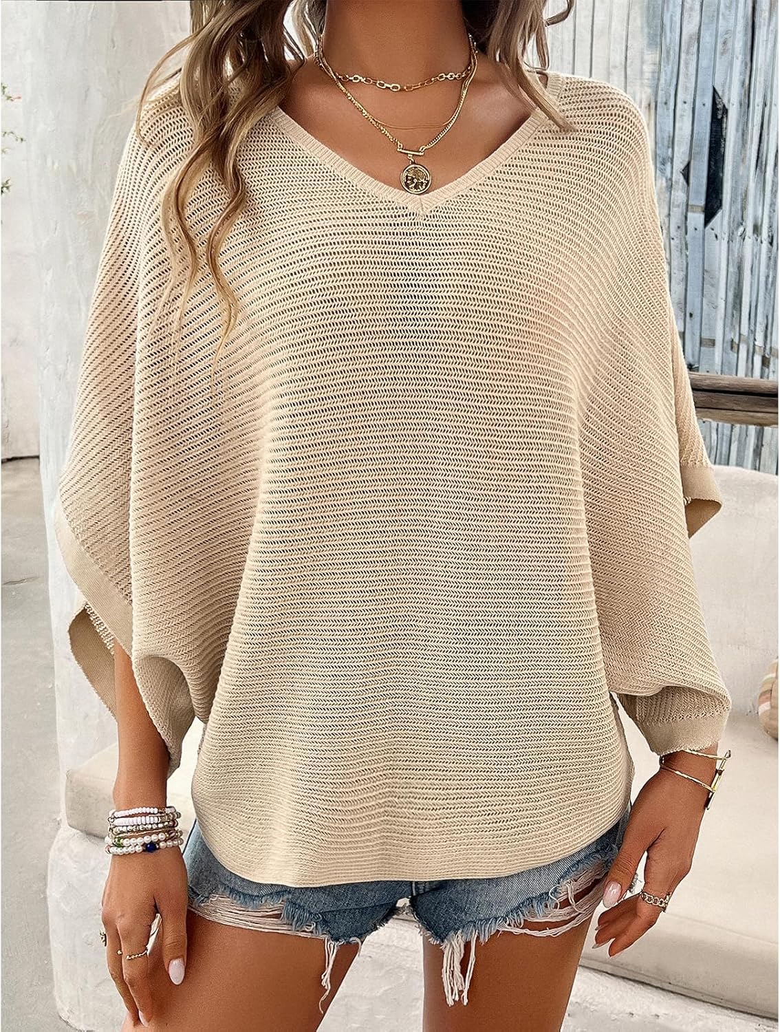 Ocevia - Women's Summer Crochet Tops Batwing V-Neck Oversized Boho Sweater with Cutouts Cover Up