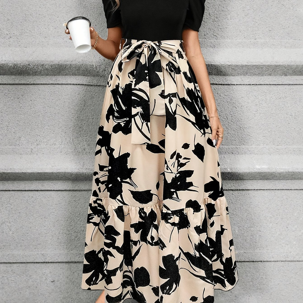 Print Midi Dress with Belt - Crew Neck, Short Sleeve, Non-Stretch Polyester - Perfect for All Seasons