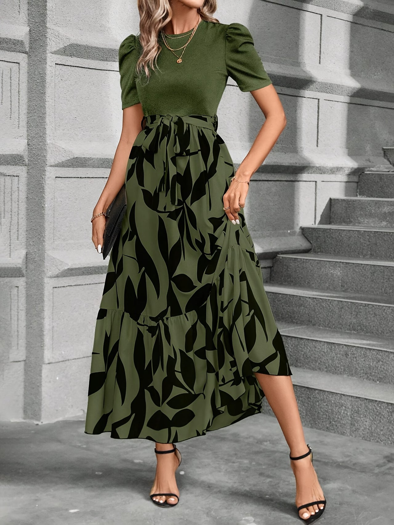 Print Midi Dress with Belt - Crew Neck, Short Sleeve, Non-Stretch Polyester - Perfect for All Seasons