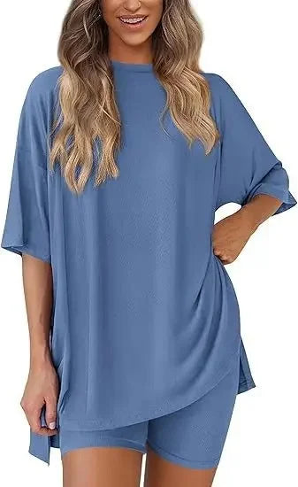 Cozy-Meadow - Loose Casual Round Neck Split Shorts Short Sleeve Home Lounge Wear Set