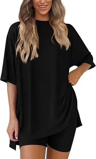 Cozy-Meadow - Loose Casual Round Neck Split Shorts Short Sleeve Home Lounge Wear Set