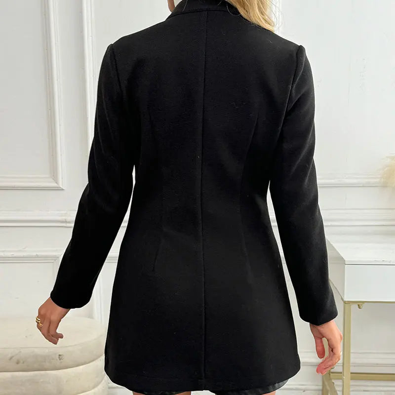Ebonza Fashion Black Slim Trench Women Coat - Suit Collar Button Elegant Lady Coat.