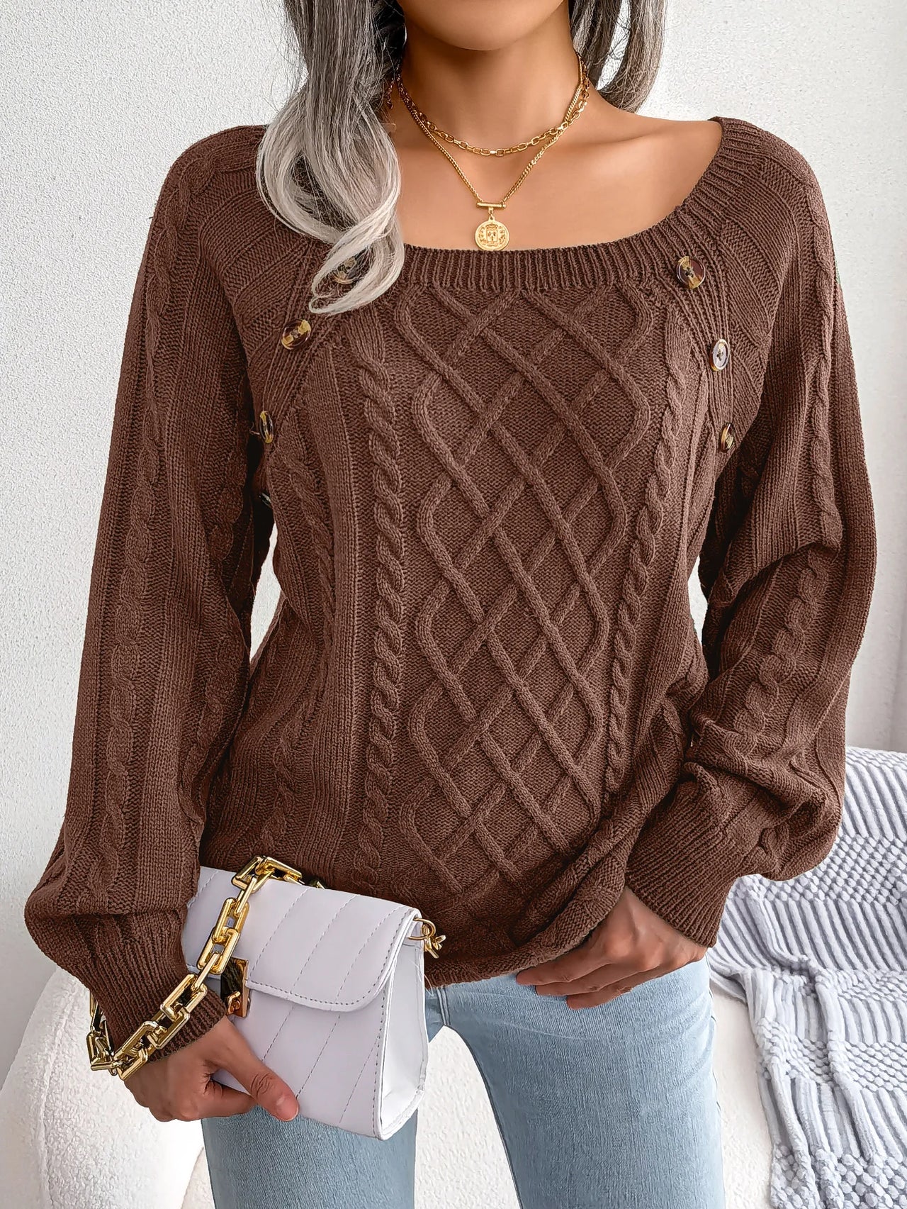 VelviKnit Women Casual Square Long Sleeve Knitted Sweaters Autumn/Winter