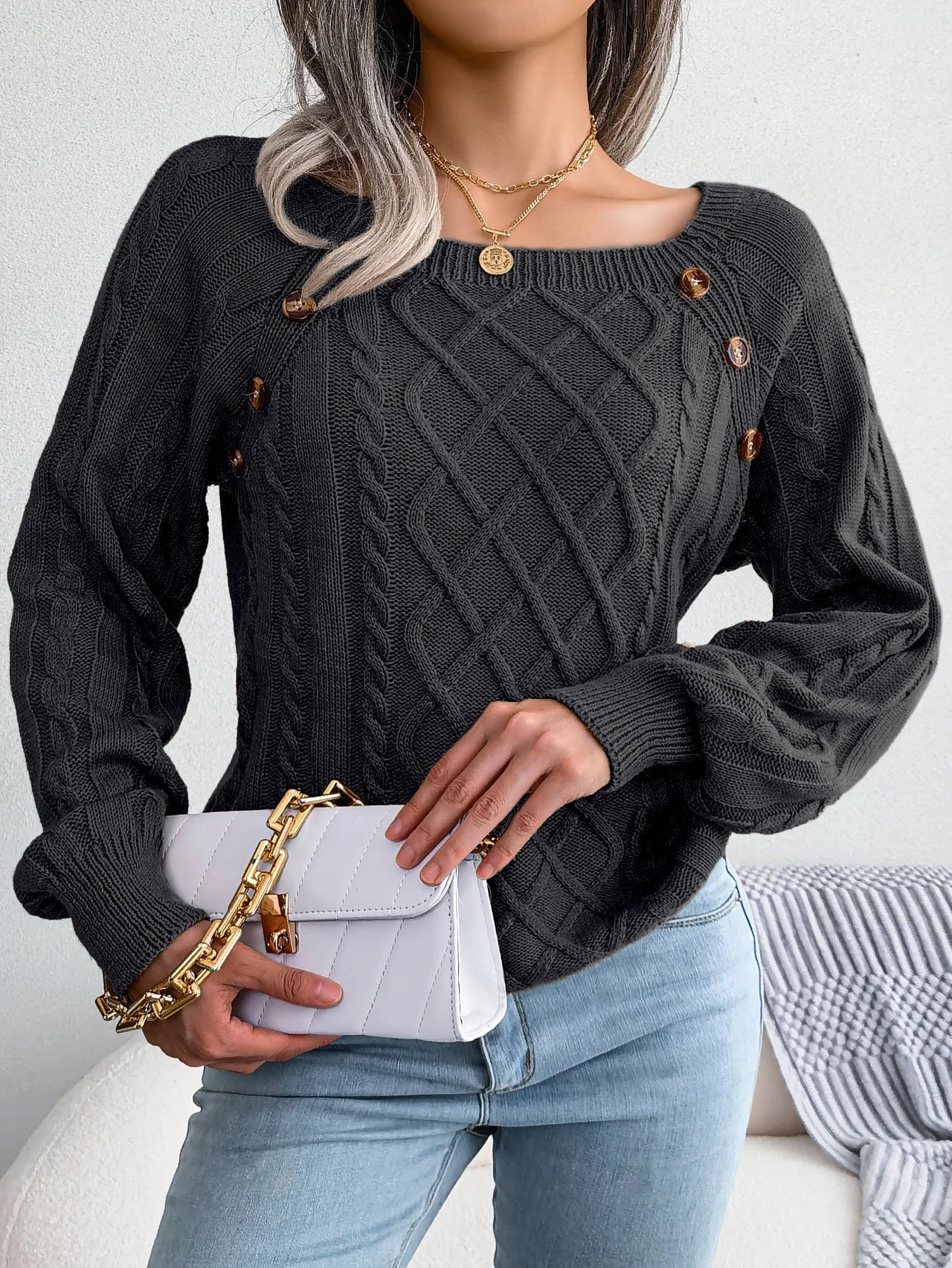 VelviKnit Women Casual Square Long Sleeve Knitted Sweaters Autumn/Winter