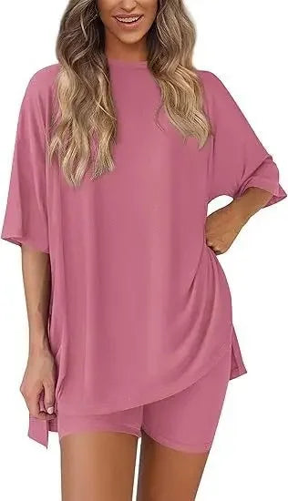 Cozy-Meadow - Loose Casual Round Neck Split Shorts Short Sleeve Home Lounge Wear Set