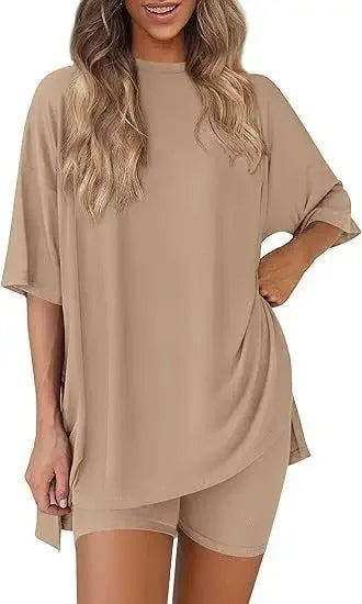 Cozy-Meadow - Loose Casual Round Neck Split Shorts Short Sleeve Home Lounge Wear Set